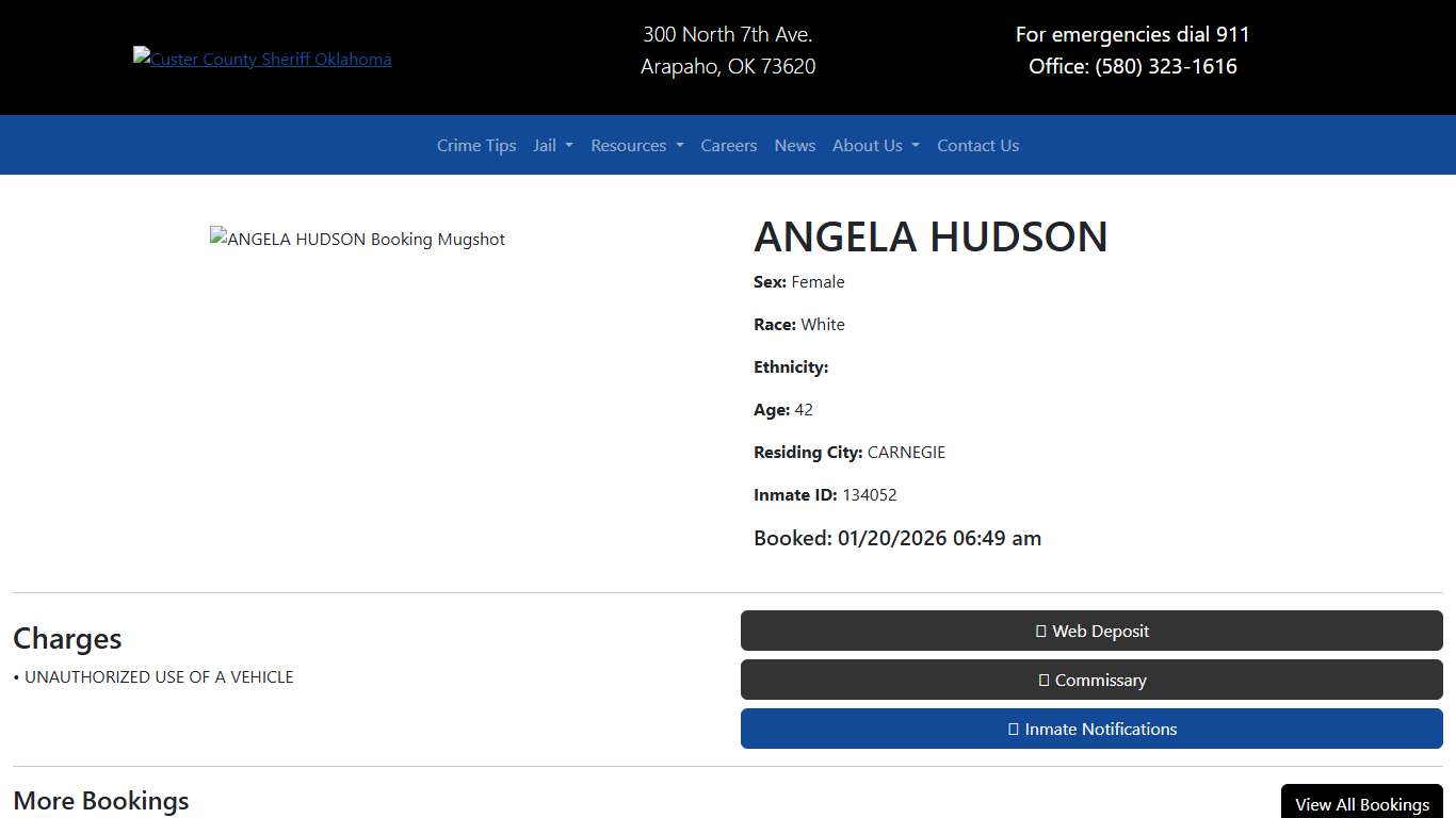 ANGELA HUDSON Booked at the Custer County Jail